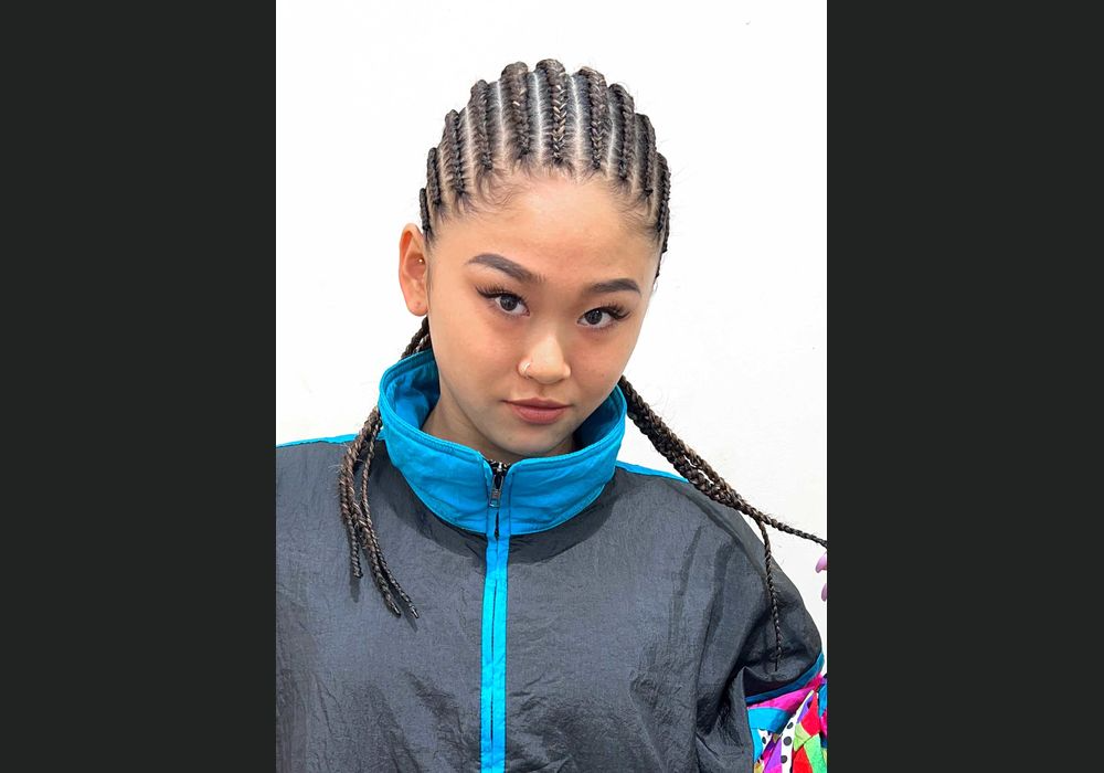 コーンロウ・ブレイズ・成人式、成人式ヘア、 dleague・Kisa・カドカワドリームス、ブラックヘア、